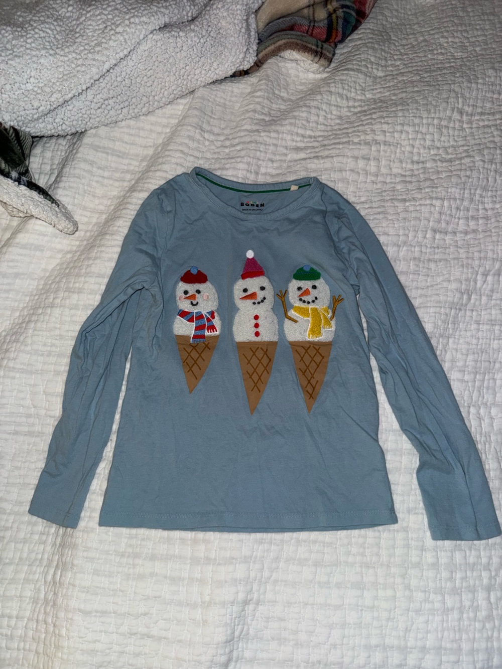 Mini Boden Blue Long-Sleeve Tee with Snowman Ice Cream Trio